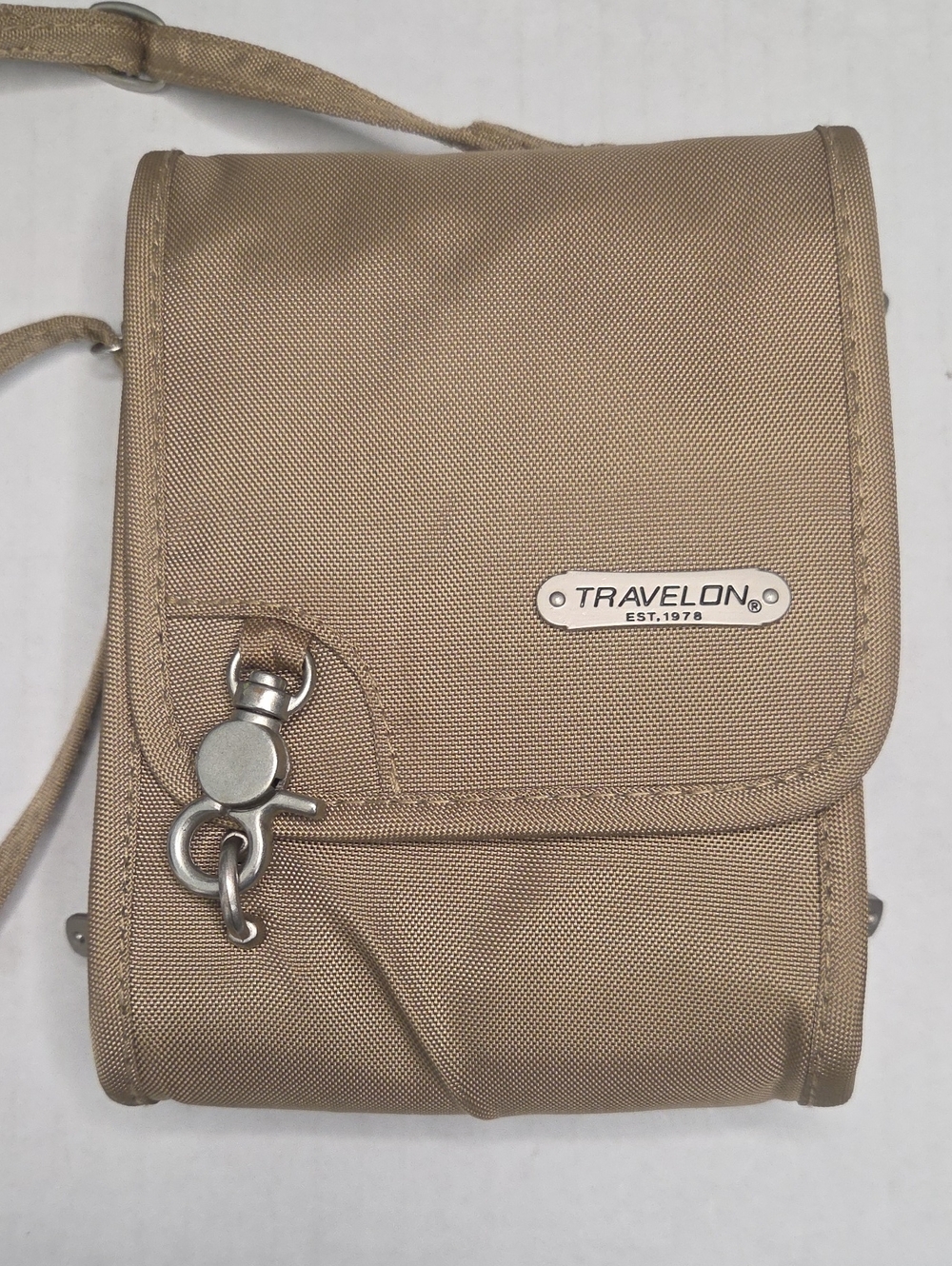 Travelon Small Crossbody Security Pouch in Beige With Belt Clip